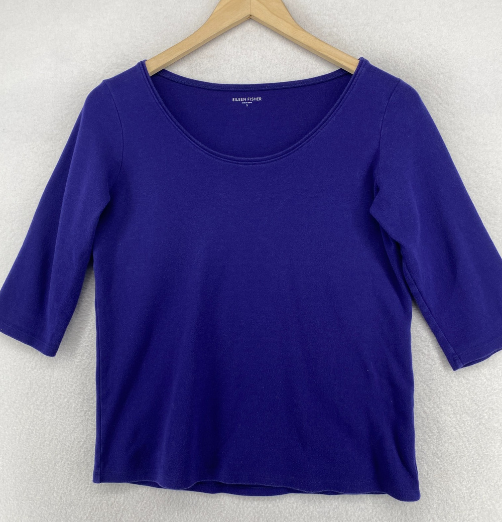 EILEEN FISHER Top S Cotton Interlock Jersey Scoop Neck 3/4 Sleeve Royal Blue
